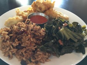 Weekend brunch special: red beans and rice, greens and "chicken' at The Nile in Mesa