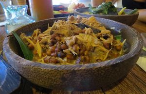 Jukut Nangka (pronounced joo-koot Nung-kaa) 52 Rp
Jukut Nangka is a local dish which is slow cooked young jackfruit with local spices and beans, served with red and white rice. at Atman Kafe in Ubud