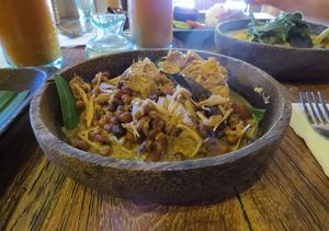 Jukut Nangka (pronounced joo-koot Nung-kaa) 52 Rp
Jukut Nangka is a local dish which is slow cooked young jackfruit with local spices and beans, served with red and white rice. at Atman Kafe in Ubud