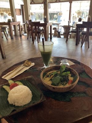 Vegan balinesian curry & vegan matcha milkshake  at Atman Kafe in Ubud