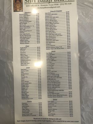 Menu with prices, ask them what’s vegan or cross reference it with the previous menu. at Shri Balaji Bhavan in Houston
