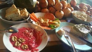 salmorejo de remolacha, humus y tosta de guacamole at La Bicicleta in Cordoba