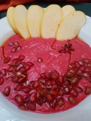 Salmarejo de remolacha, granada y pera at La Bicicleta in Cordoba