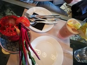 Left (gazpacho de tomate y remolacha) Right (zumo de uva y pera) at La Bicicleta in Cordoba