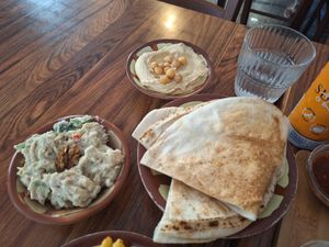 chickpea hummus, Babaganoush, dips and wraps at Mr Falafel in Maribor