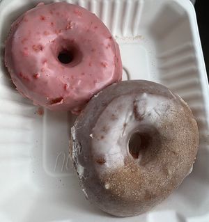 Raspberry donut and cinnamon sugar donut at Brewed Awakening in Regina