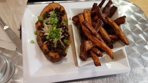 Chipotle Sweet Potato Skins with root vegetable fries at Cosmic Treats in Toronto