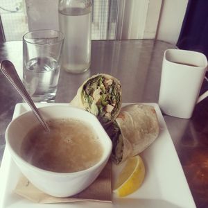 Vegan chicken ceasar wrap and lentil soup at Cosmic Treats in Toronto