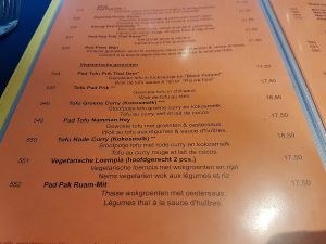 vegetarian section of menu at Than Thai in Kortrijk