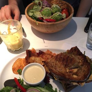 falafel salad and pesto sandwich with turmeric latte  at The Kitchen in Gothenburg