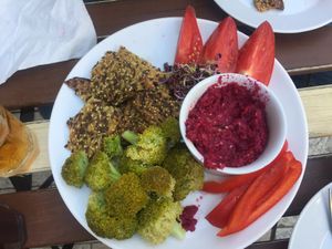 hummus plate made with beets at CsendesM Vegan Bistro in Budapest