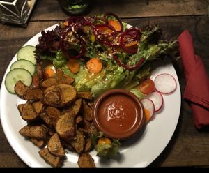 potatoes & salad w/ self-made tomatoe sauce at Die Pause in Marburg