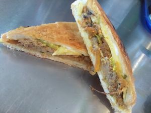 Vegan Cuban Sandwich with side Plantains at Eden's Vegan Juice Bar Cafe in Palm Coast