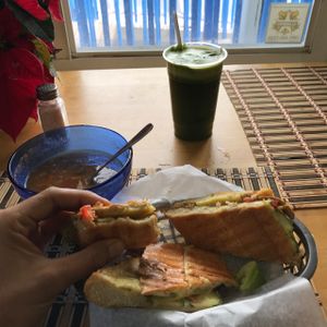vegan Cuban sandwich, vegetable sup and Green drink.  at Eden's Vegan Juice Bar Cafe in Palm Coast