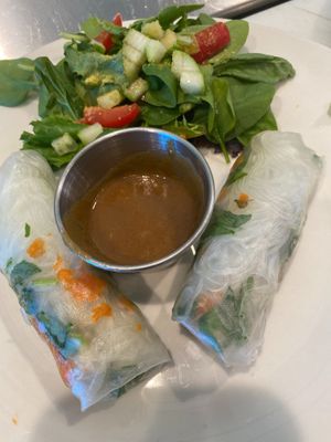Vegan delish spring rolls and handmade almond sauce at Eden's Vegan Juice Bar Cafe in Palm Coast