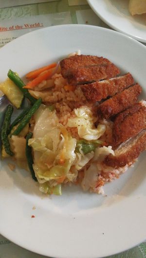 Vegan meat with rice and vegetables at Loving Hut in Addis Ababa