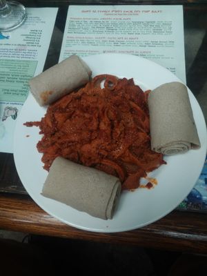 Spicy local dish at Loving Hut in Addis Ababa