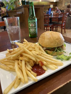 Portobello mushroom burger with French fries and a beer at Lovin' Spoonfuls in Tucson