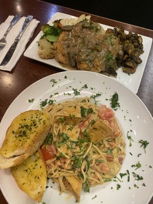Vegan fried chicken dinner & tomato basil Alfredo  at Lovin' Spoonfuls in Tucson