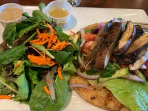 Portobello flatbread…just right flatbread…not too spicy and not soggy. Salad is organic.  at Lovin' Spoonfuls in Tucson