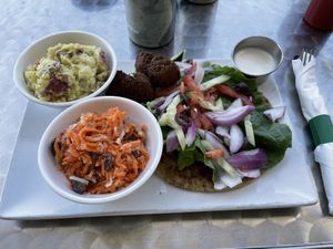 Falafel Sandwich with Potato Salad and Carrot Walnut Raisin Salad  at Lovin' Spoonfuls in Tucson