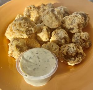 Fried mushrooms. Be careful they’re super hot at first but really yummy  at Lovin' Spoonfuls in Tucson