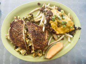 Breakfast sandwich and a side of chili fries  at Lovin' Spoonfuls in Tucson