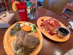 Fried chicken dinner and strawberry cheesecake pancakes  at Lovin' Spoonfuls in Tucson