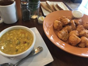 Soup- corn chowder & cauliflower “wings"  at Lovin' Spoonfuls in Tucson