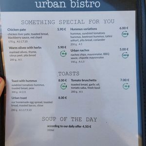 Lunch Menu, vegan options marked with VG at Urban Bistro in Bratislava