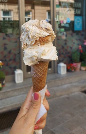 Peanut (bottom) & plum cake (top) ice cream in vegan cone at Koun in Bratislava