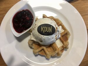 Vegan waffles with apple pie gelato and forrest fruit “toping” at Koun in Bratislava