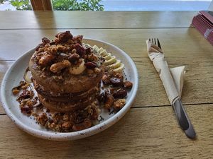 Vegan stacked pancakes at Theera in Bangkok