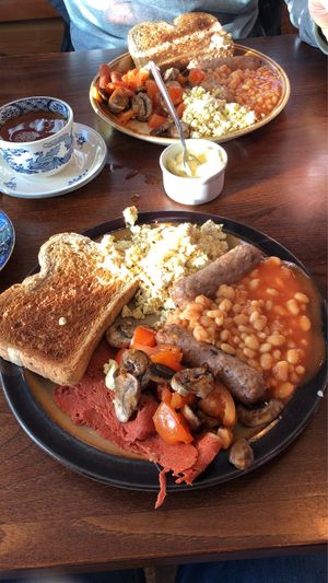 Full vegan breakfast, with vegan bacon and vegan sausages.  at The Little Potting Shed Cafe in Oban