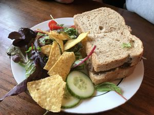 Sausage and onion sandwich whole grain bread  at The Little Potting Shed Cafe in Oban