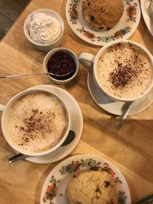 Scones with cream, jam and Cappuccino (all vegan) at The Little Potting Shed Cafe in Oban
