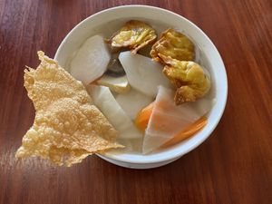 Wonton noodle soup with rice noodles (requested without fresh herbs on top due to dietary restriction) at Bo De Trai in Footscray