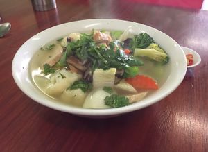 vegan rice noodle soup with veggies and tofu (noodles are hidden at the bottom) at Bo De Trai in Footscray