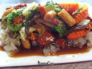 BBQ imitation pork with veggies and noodles. at Bo De Trai in Footscray