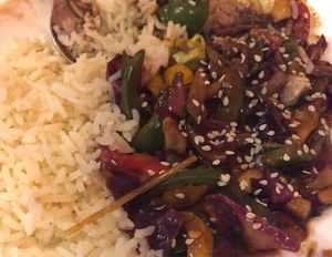 Stir fry veges with brown rice.  at The Real Green Cafe in Pune