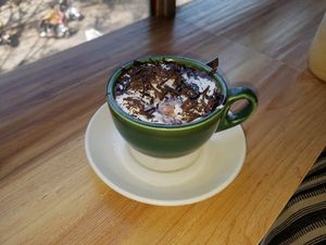 Vegan hot caramel chocolate. The choco flavour is nice and the whipped cream give it the closest taste to milk I ever tasted. Really nice 9/10 at The Real Green Cafe in Pune