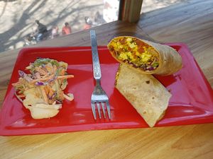 Scrambled tofu roll. Light, salty and with nice crunch thanks to the cabbage. The mayo salad on the side was a nice surprise. Good even and "egg" breakfast 9/10 at The Real Green Cafe in Pune