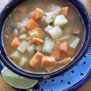 Vegetable soup, rich and warming. at Suculenta in Tulum