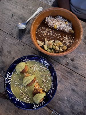 Veggie meatballs and pipian & mole with rice and veggies  at Suculenta in Tulum