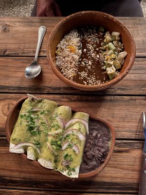 Enchiladas & mole with rice and veggies  at Suculenta in Tulum