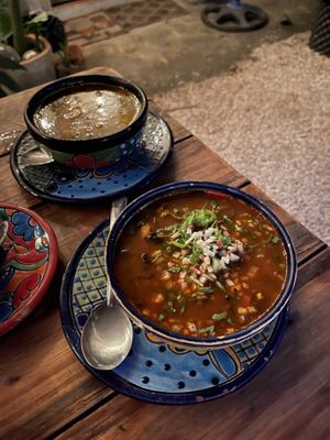 Pozole and mushrooms & veggie soup  at Suculenta in Tulum