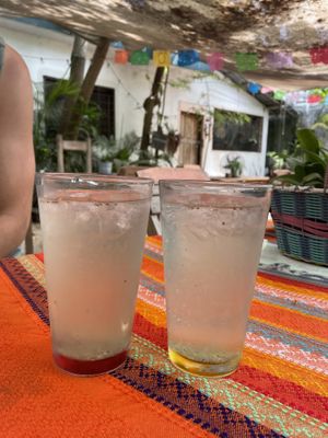 Agua del día (Basilica Lemonade with chia seeds)  at Suculenta in Tulum