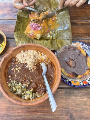 Tamale, mole and beans with plantain  at Suculenta in Tulum