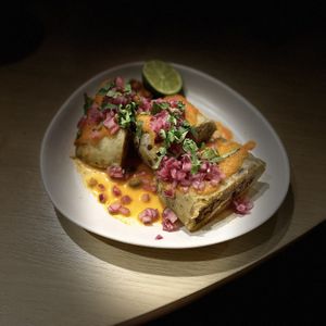 Tamale w toppings  at Suculenta in Tulum