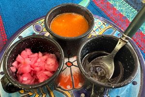 Salsas and pickled onions  at Suculenta in Tulum